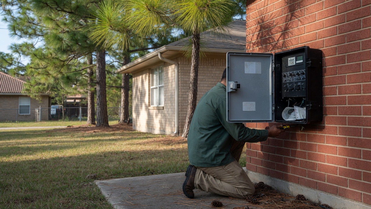 Technician at an irrigation controller
